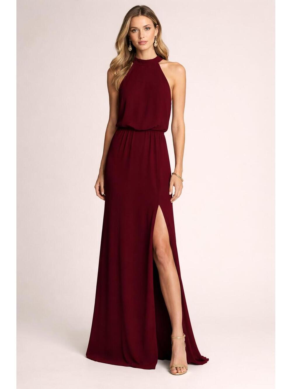 Badgley Mischka Wine Chiffon Blouson Gown High Neck Side Slit Formal Burgundy *4 - Picture 2 of 6